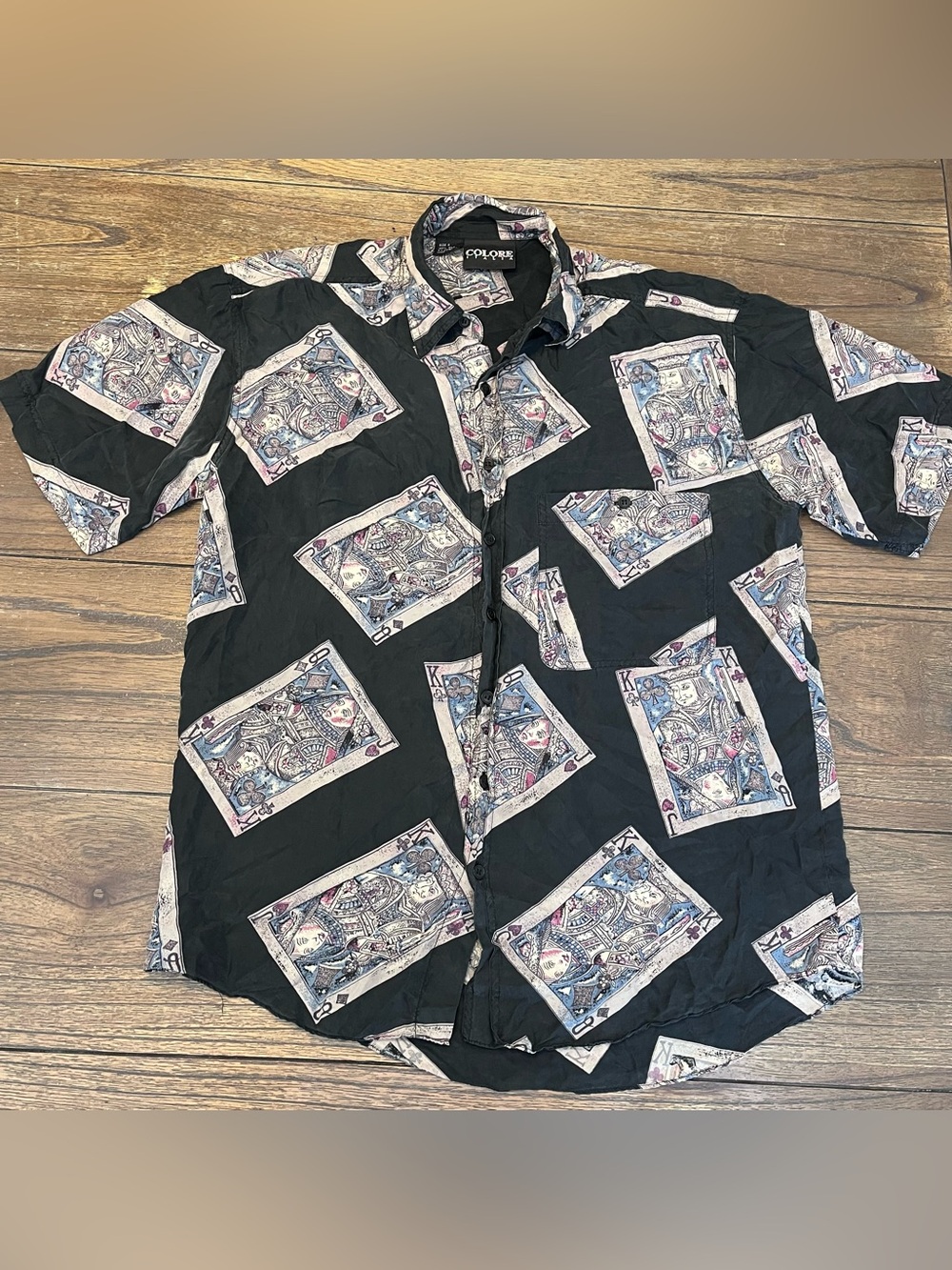 Vintage Colore Italia Silk Button Down Shirt Mens Small All Over Print Cards